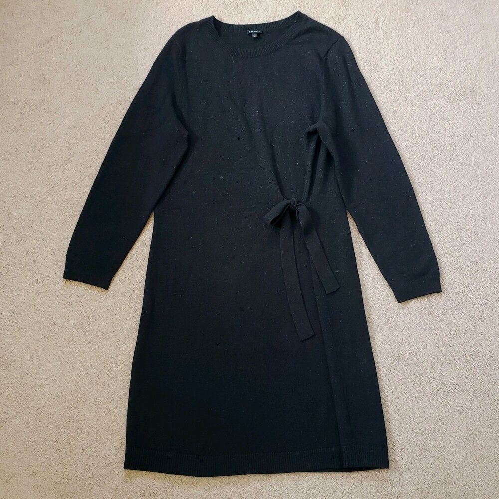 Talbots Black Shimmer Side Tie Knit Sweater Dress Size XL Glam Preppy Metallic